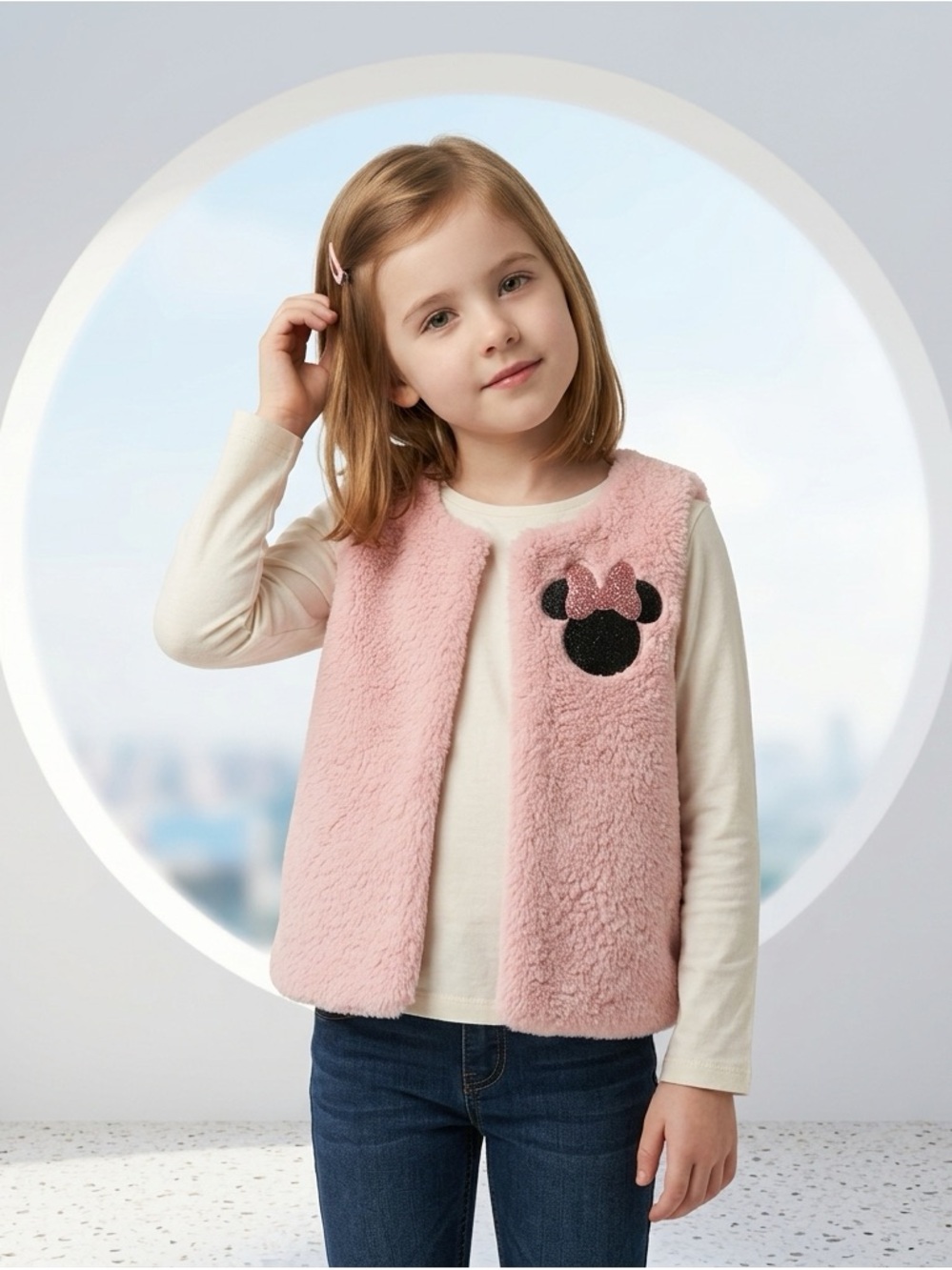 DISNEY Junior MINNIE MOUSE Girl's Vest Pink Faux Fur Sequins Soft 4T